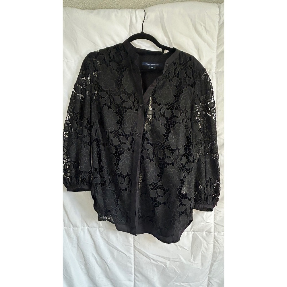 FRENCH CONNECTION Black Lace Floral Button Front Blouse Top Womens XS